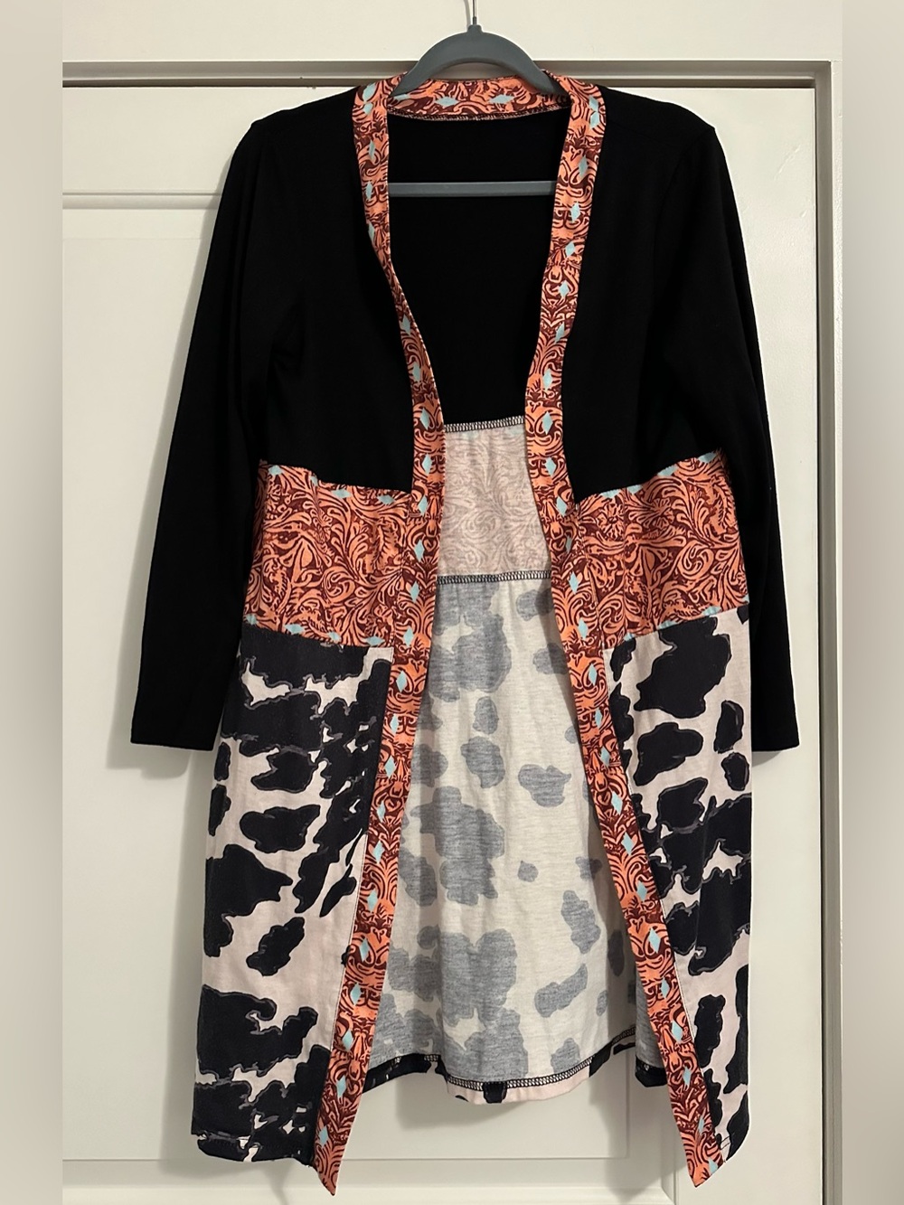 Black Cow Print Paisley Open Front Duster Cardigan
